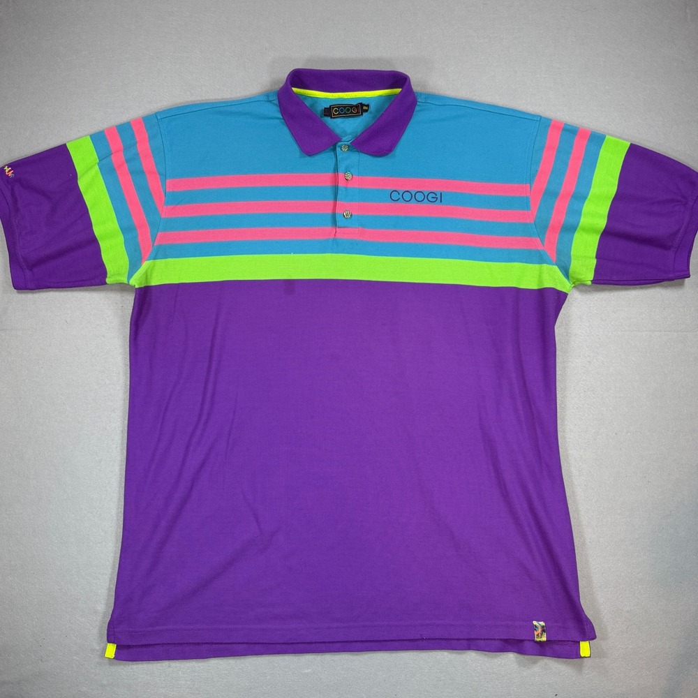 COOGI Polo Shirt Mens 3XL Purple‎ Neon Striped Colorblock Stripe Retro VTG 90s